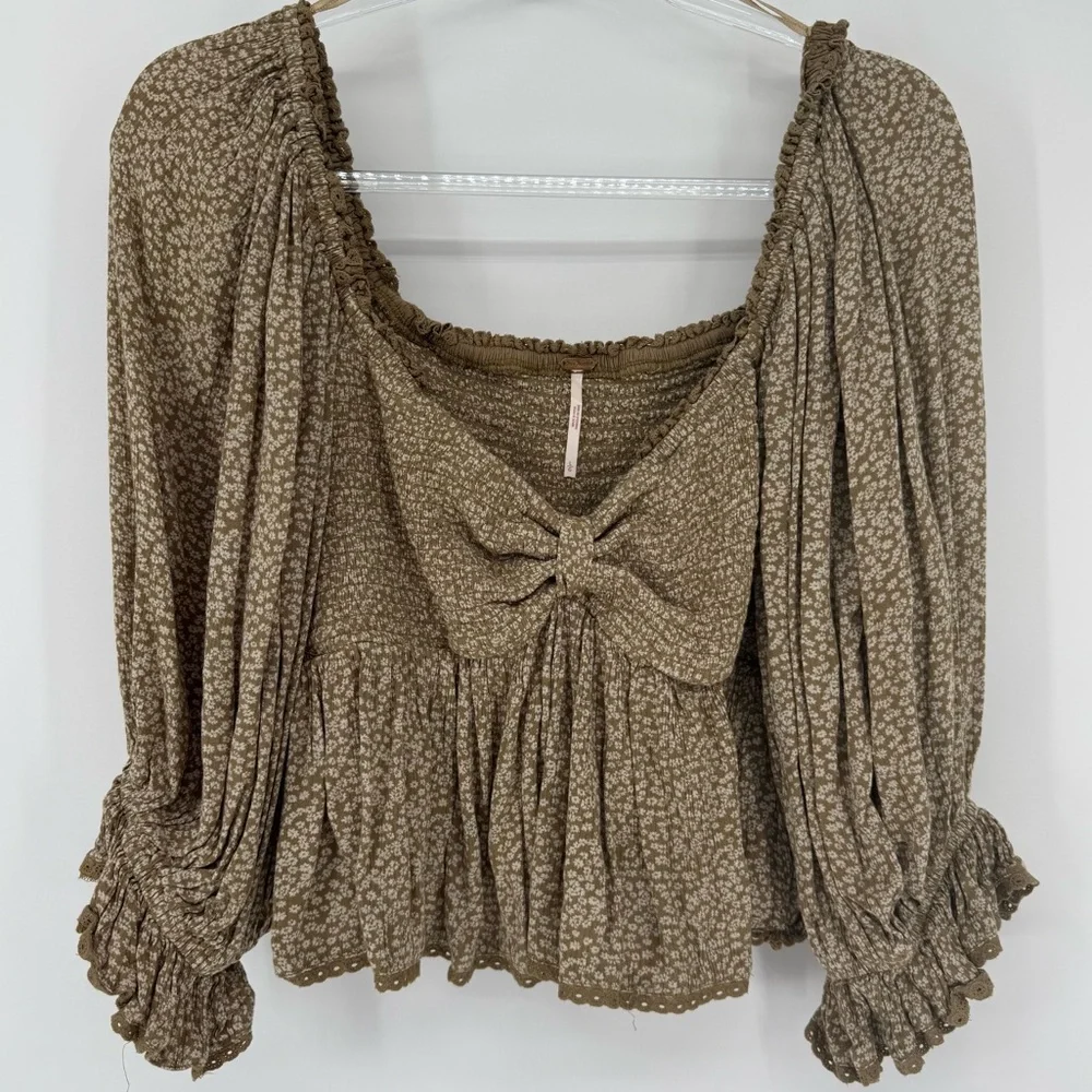 Free People Olive Floral Peasant Top